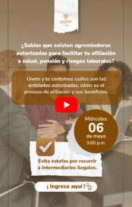 ¿Sabías que existen agremiadoras autorizadas para facilitar tu afiliación a salud, pensión y riesgos laborales? Únete y te contamos cuáles son las entidades autorizadas, cómo es el proceso de afiliación y sus beneficios. Evita estafas por recurrir a intermediarios ilegales. Miércoles 06 de mayo 3:00 p.m. ¡Ingresa aquí!